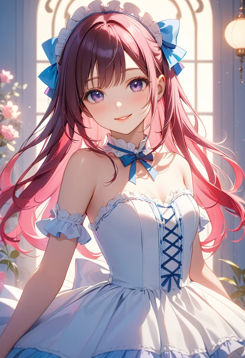 (high quality,masterpiece,4K,8k,16K),pretty girl,bust,Mid-chest,Lolita Dress,Smooth Skin,Silky Hair,Vibrant colors,Dreamy lighting,Shiny Gurdon,Subtle details,Strong gaze,Smile your face,Porcelain-like skin,Graceful pose,Friendly atmosphere,Pure innocence,Natural Beauty,Sublime aesthetics