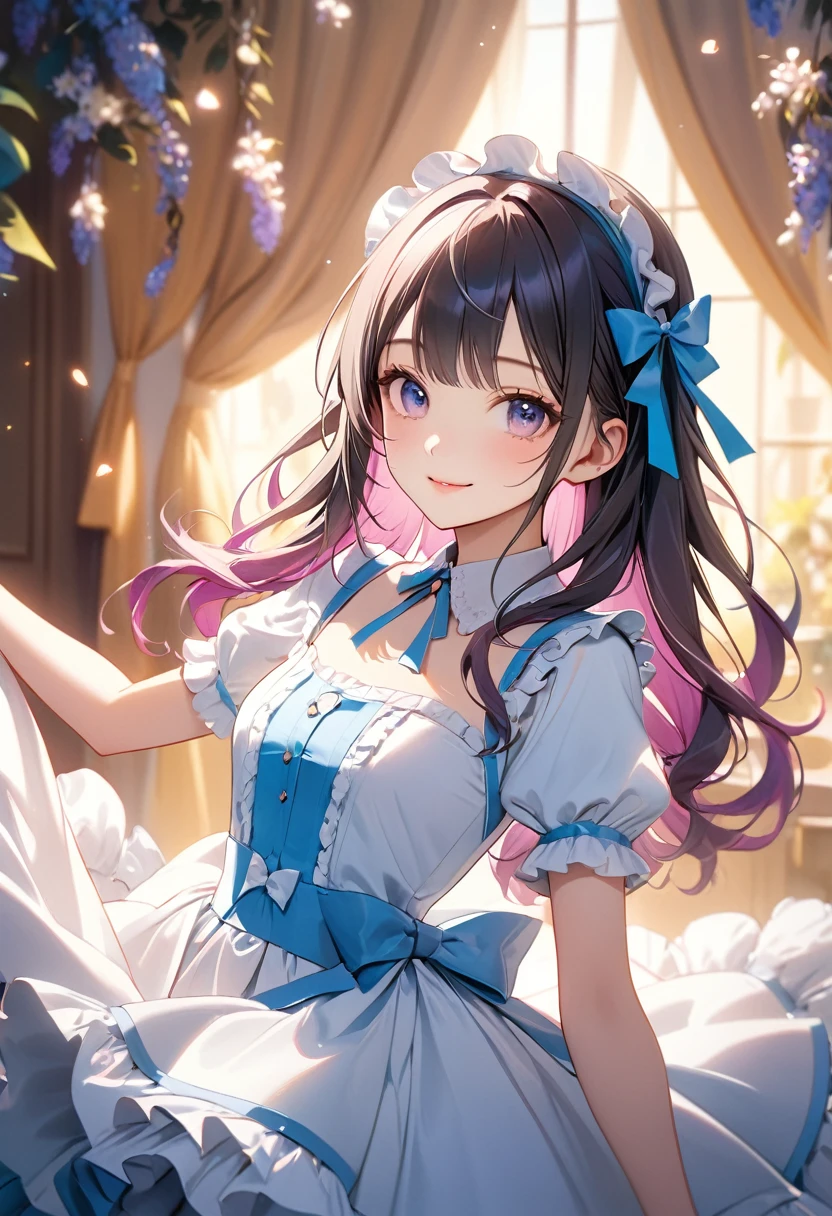 (high quality,masterpiece,4K,8k,16K),pretty girl,bust,Mid-chest,ta Dress,Smooth Skin,Silky Hair,Vibrant colors,Dreamy lighting,Shiny Gurdon,Subtle details,Strong gaze,Smile your face,Porcelain-like skin,Graceful pose,Friendly atmosphere,Pure innocence,Natural Beauty,Sublime aesthetics