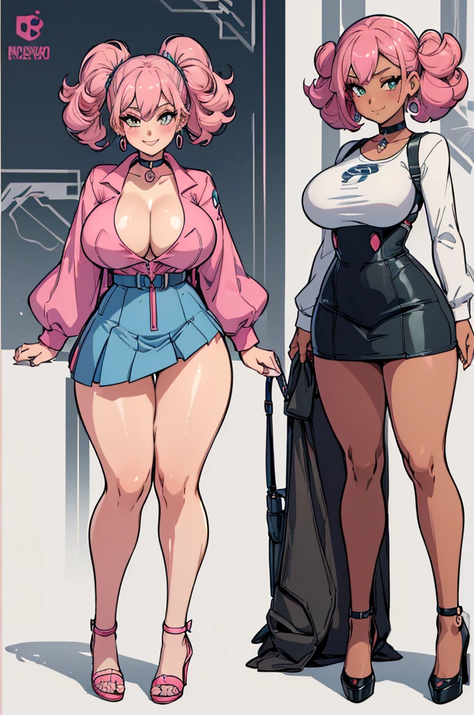 (masterpiece, best quality, high resolution, (pokemon style) ((huge breasts)) 1 mature woman, pink hair, very short curly light blue hair, choker, long sleeve t-shirt, miniskirt, pantyhose, earrings, blush, smile, heels,((white background,)) , ((full body standing)),
