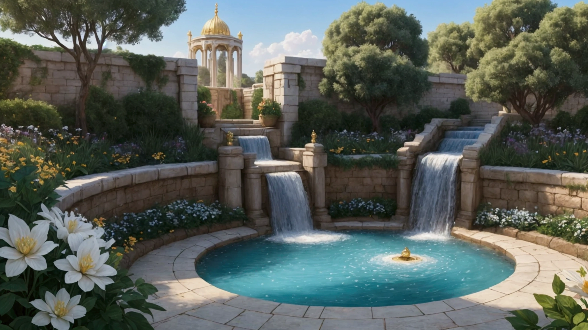 "A vast expanse of heavenly realms where a river of crystal clear water flows from the throne of God, nurturing a lush garden city. The New Jerusalem is portrayed as a sanctuary of peace and eternal happiness, its streets paved with gold and its walls adorned with jewels. Angelic beings and redeemed souls stroll through the city's gardens, enjoying the presence of God, who dwells among them. The atmosphere resonates with serenity and fulfillment, embodying the vision of Revelation 21:1-4 where God wipes away every tear and casts out sadness and pain." what comes out of its source