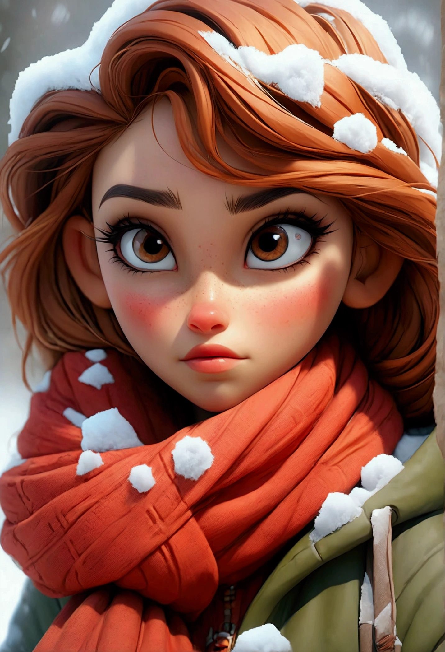 a beautiful girl in a snowy winter landscape, detailed face with long eyelashes, beautiful detailed eyes and lips, outdoor winter scene, heavy snow, freezing cold, shivering, runny nose, alone in the cold, (best quality,4k,8k,highres,masterpiece:1.2),ultra-detailed,(realistic,photorealistic,photo-realistic:1.37),HDR,UHD,studio lighting,ultra-fine painting,sharp focus,physically-based rendering,extreme detail description,professional,vivid colors,bokeh,mila maxwell,(lora:mila:1),portrait,landscape,winter,cold,snow