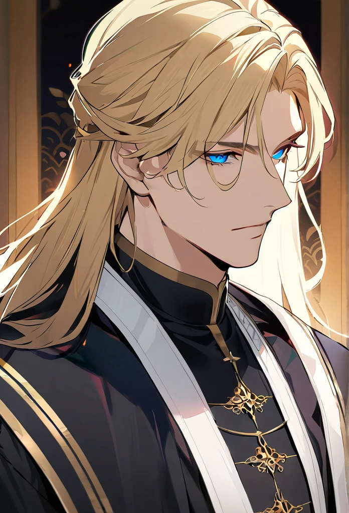 (Absurd, High resolution, Super detailed), 1 man, Adult,Create a very detailed anime style illustration of a beautiful male priest. Priest, He has long, flowing blonde hair and sharp blue eyes. Intricate with gold tattoos that cover her upper body. It radiates a mysterious and seductive aura. The background should be simple and light, emphasizing the characteristics of the character and emphasizing its ethereal and powerful presence. Use soft lighting to highlight the fine details and smooth textures of your hair and skin