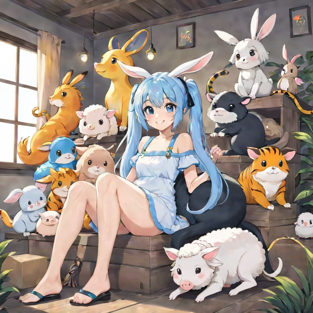Anime girl sitting on a pile of animals in her room, Light blue long hair、Twin tails 、Bright smile、Tiger dragon mouse or rat ox Rabbit snake sheep dog pig monkey bird horse Anime fantasy illustration,