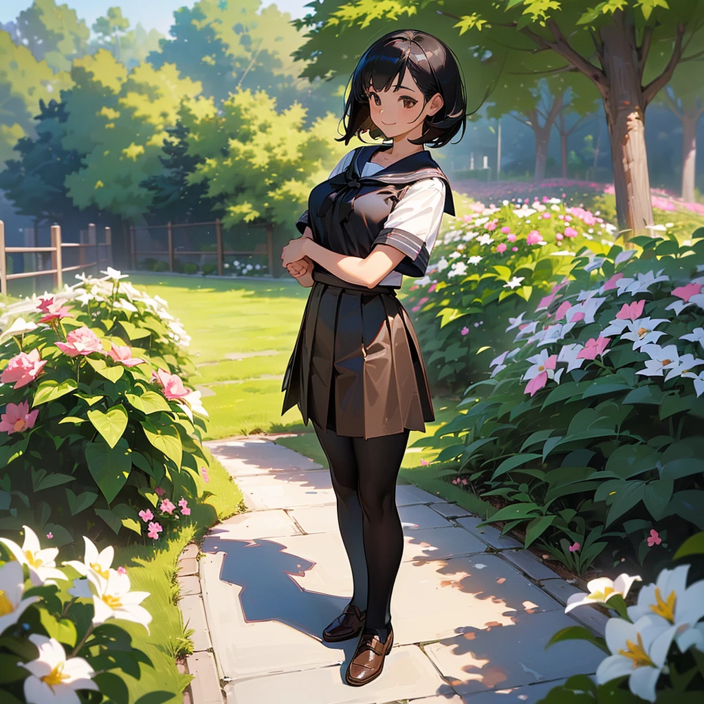 (Highest quality, High resolution, Super detailed, Realistic:1.37), Peaceful atmosphere, (Outdoor, garden), Teenage girl standing alone,(my breasts are big.),Beautifully detailed features, Cute Smile, ((Black bob hair)),Short-sleeved sailor uniform, Pleated skirt,Black tights,Brown leather shoes.