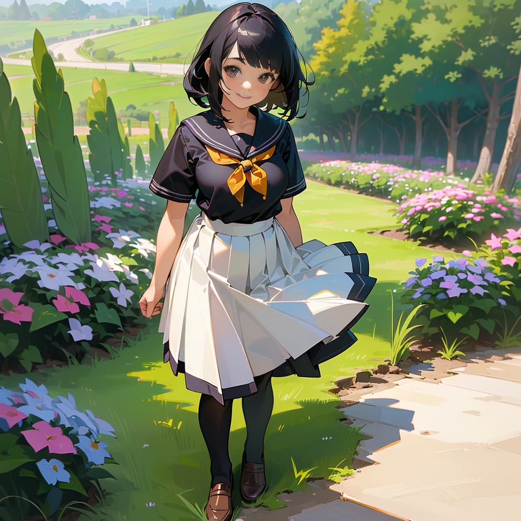 (Highest quality, High resolution, Super detailed, Realistic:1.37), Peaceful atmosphere, (Outdoor, garden), Teenage girl standing alone,(my breasts are big.),Beautifully detailed features, Cute Smile, ((Black bob hair)),Short-sleeved sailor uniform, Pleated skirt,Black tights,Brown leather shoes.