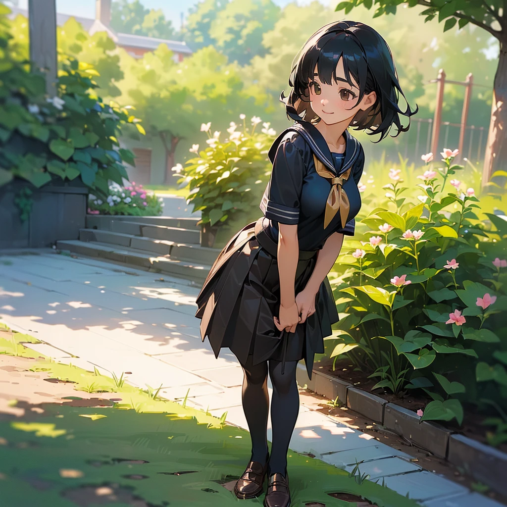 (Highest quality, High resolution, Super detailed, Realistic:1.37), Peaceful atmosphere, (Outdoor, garden), Teenage girl standing alone,(my breasts are big.),Beautifully detailed features, Cute Smile, ((Black bob hair)),Short-sleeved sailor uniform, Pleated skirt,Black tights,Brown leather shoes.