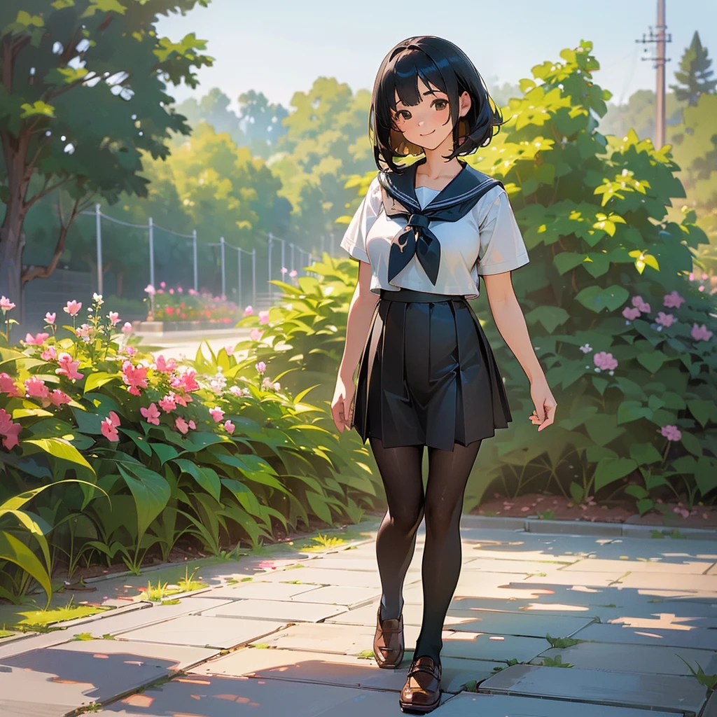 (Highest quality, High resolution, Super detailed, Realistic:1.37), Peaceful atmosphere, (Outdoor, garden),  girl standing alone,(my breasts are big.),Beautifully detailed features, Cute Smile, ((Black bob hair)),Short-sleeved sailor uniform, Pleated skirt,Black tights,Brown leather shoes.