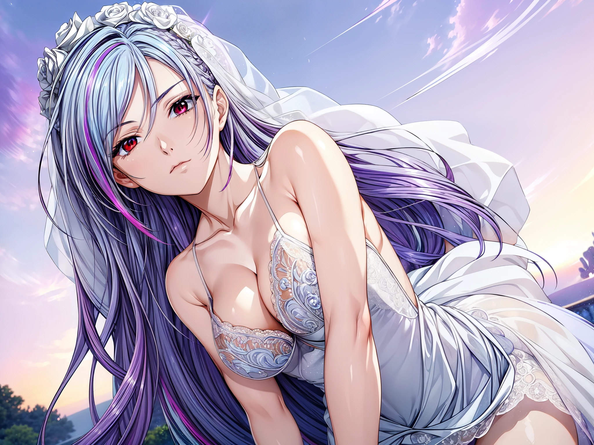 (masterpiece, best quality, beautiful and aesthetic:1.3), look back, side view, 1woman, solo, matured woman, (Silver blue hair streaked purple:1.4), (Gradient sky blue hair ends:1.6), hair strand, absurdly long hair, single sidelock, wavy hair, shiny hair, floating hair, (deep red eyes), delicate eyes, aqua eyes, super high detailed eyes, long upper eyelashes, makeup, Focus on face, Very detailed facial, Perfect breasts, hot body, (Delicate skin texture:1.2), bridal veil, lace-trimmed dress, see-through, wedding dress, outdoors, white roses, garden, morning, standing, extreme detailed,