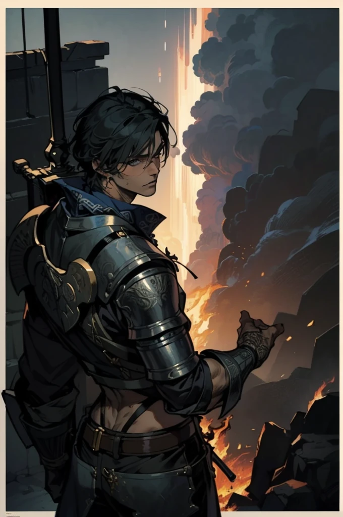 (absurdities, High Resolutions, ultra detailed, HDR), Masterpiece, The best quality, final fantasy xvi, clive rosfield, 1man only, handsome, short hair, black hair, vibrant blue eyes, fine eyes and detailed face, (((fire, llamas, To his back)) armor, ((Intricate weapon)). Final Fantasy, clive rosfield,, abs, badass pose, Anime boy with hands on head, Beautiful anime pose, Anime hombre handsome, anime male character, Badass Anime 8K, Detailed anime character art, HDR Anime MacManus Anime Concept, anime boy, Ikuto Yamashita, CG anime soft art, manga wallpaper 4k, inspired by Yamagata Hiro, anime wallaper