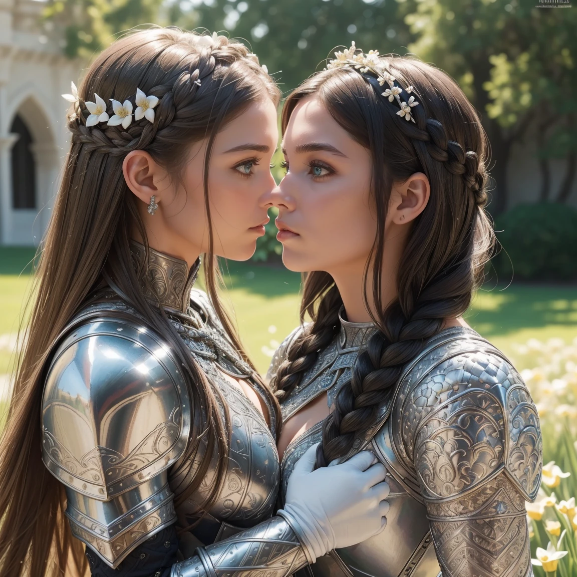(masterpiece, best quality),(extremely intricate:1.3), (realistic), (two gorgeous and stunning girls are deeply in love with each other, kiss:1.3), 18 year old, caucasian, green eyes, perfect eyes, perfect iris, perfect pupils, perfect lips,perfect nose, perfect hands, very detailed hands, perfect fingers, black hair, short hair, straight hair, small braid in her hair, (medieval armor), metal reflections, (((white armor,))) outdoors, far away castle, (ornately decorated armor), (insanely detailed, bloom:1.5), chainmail, intense sunlight, professional photograph of a stunning woman detailed, sharp focus, award winning, cinematic lighting, blurry background, upper body, ((confident)), (Pose:looking at the camera)
