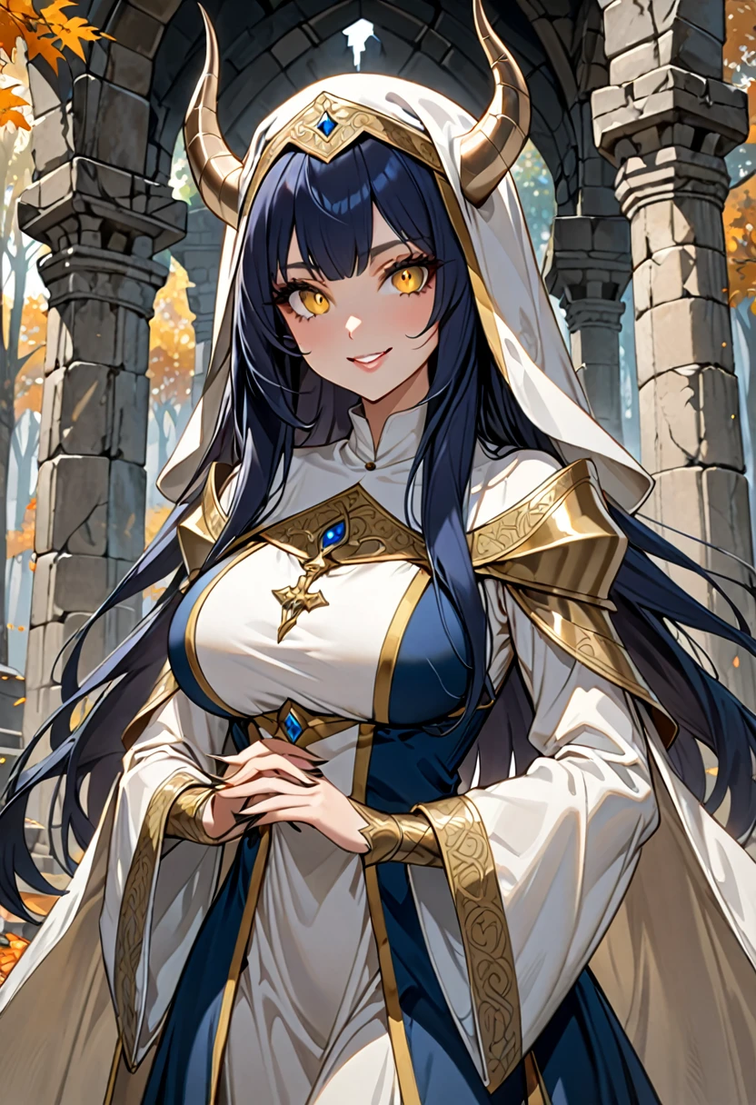 Una obra maestra, Muy detallado, ultra detallado, solo:1.6, female, long dark blue hair, straight hair, golden eyes with slit pupils, white scales on arms, large breasts, tall, elegant dress, priestess, gentle smile, stone temple outdoors, clawed hands, tail, draconic horns, fall forest, close up, wide smile, parted lips, long thick lashes, half lidded eyes, saintess, medieval habit, glorious conservative clothes, threatening aura