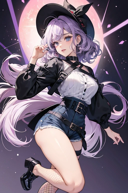 Minna has fair skin with curly, waist-length light purple hair and evenly parted bangs. Her curved eyes are baby blue, and she has peach lips. She wears a fluffy black sheep hat.
Her undergarments are composed of dark purple underwear and a black top with a white bow on each strap to accent the ribbon at the middle, along with a trim of fishnet on top and purple mesh on the bottom. Casually, she wears a black T-shirt with misunderstood written in white, and blue denim short-shorts with fringed leg holes and white buttons at the waist and pockets. Around her waist is a red checkered jacket with white gradient nearing the bottom of each sleeve and the torso. She also wears black fishnet stockings with black platform shoes depicting the union jack on the sides. SPARKLE; GLITTER