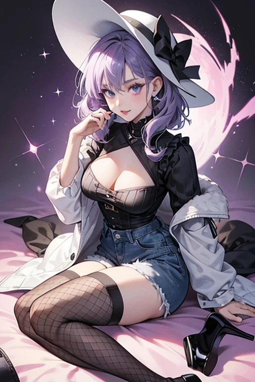 Minna has fair skin with curly, waist-length light purple hair and evenly parted bangs. Her curved eyes are baby blue, and she has peach lips. She wears a fluffy black sheep hat.
Her undergarments are composed of dark purple underwear and a black top with a white bow on each strap to accent the ribbon at the middle, along with a trim of fishnet on top and purple mesh on the bottom. Casually, she wears a black T-shirt with misunderstood written in white, and blue denim short-shorts with fringed leg holes and white buttons at the waist and pockets. Around her waist is a red checkered jacket with white gradient nearing the bottom of each sleeve and the torso. She also wears black fishnet stockings with black platform shoes depicting the union jack on the sides. SPARKLE; GLITTER