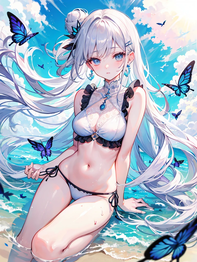 High resolution, masterpiece, accurate, Highest quality, Winner of numerous awards, High-resolution model, 
Silver Hair, Wet Hair, Super long hair, Bun ponytail, 
slender、
Seaside, 
Butterfly Hair Ornament, Crystal Earrings, 
Swimwear, Simple bikini,
Character portrait, whole body