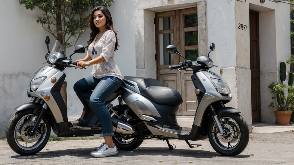 28 year old Mexican woman on an Italika 125 ft motorcycle, gray, in delivery girl clothes
