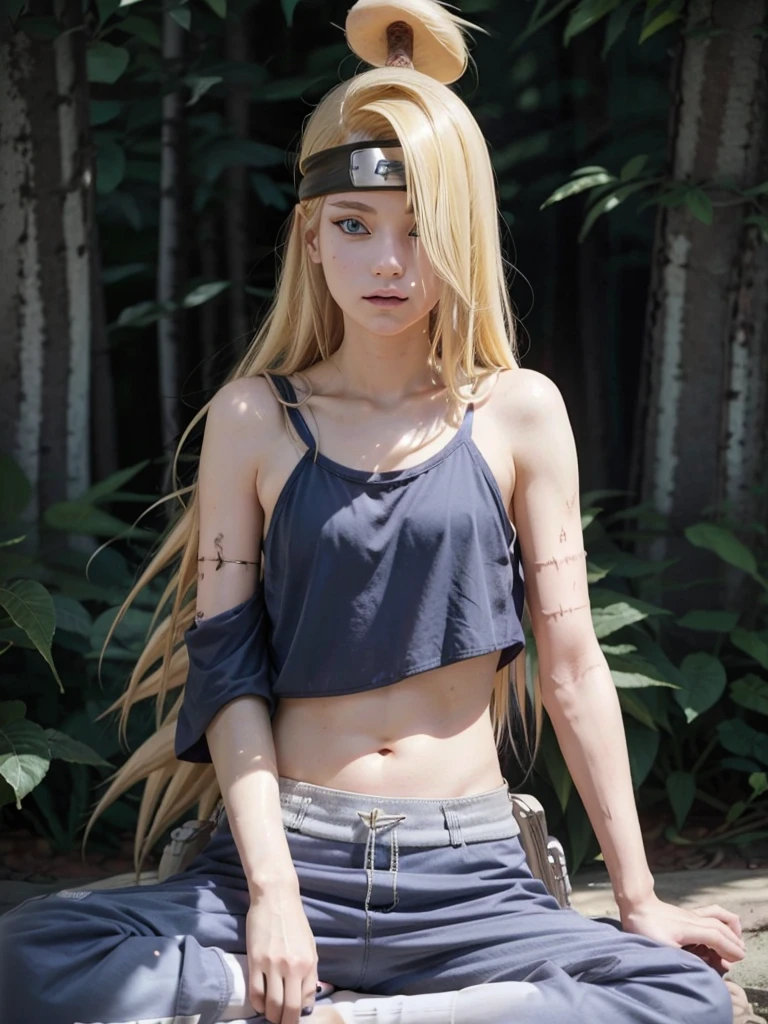 Deidara. women. 19 years. blonde. Long hair. blue eyes. Long left side fringe. sexy, with casual clothes