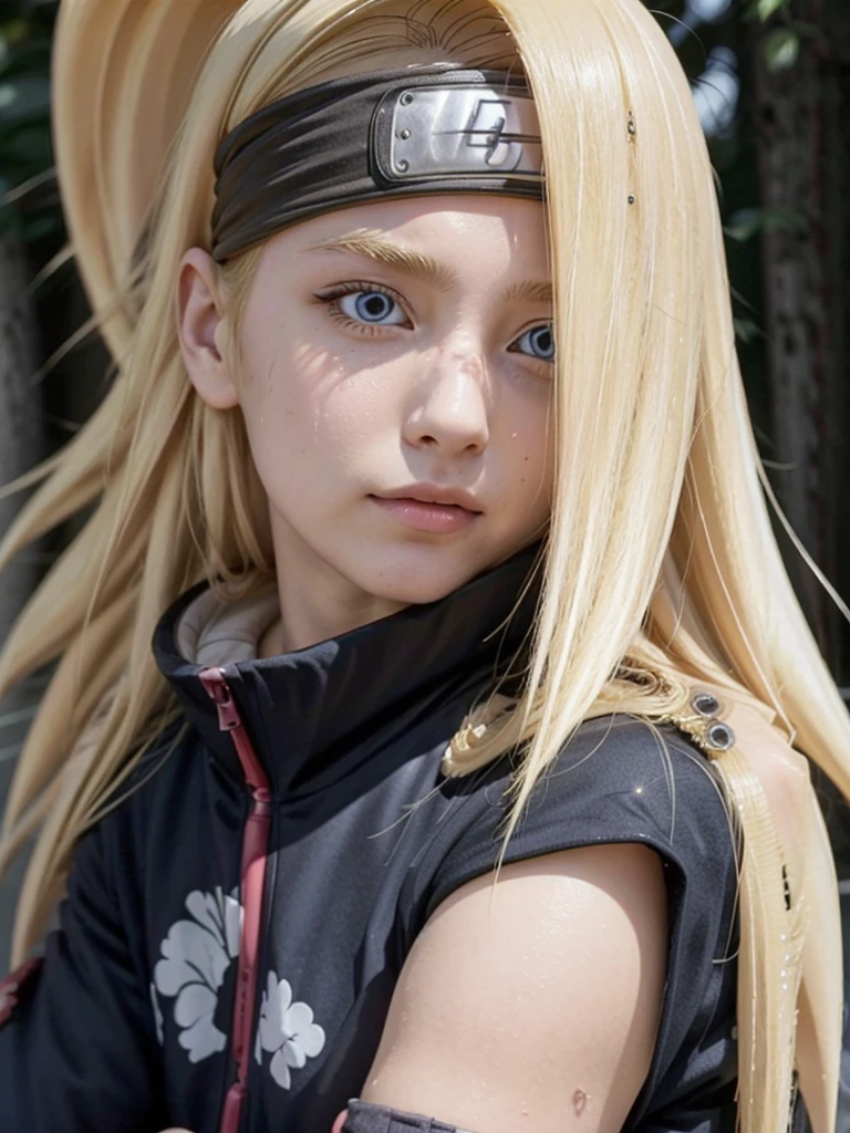 Deidara. women. 19 years. blonde. Long hair. blue eyes. Long left side fringe. sexy, with casual clothes