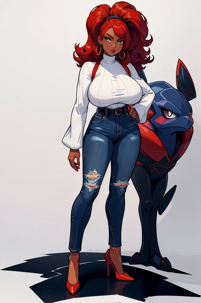 (masterpiece, best quality, high resolution, (pokemon style) ((huge breasts)) 1 mature woman, red lips, very tousled red hair, long-sleeved turtleneck, jeans, heels, choker, earrings, (dark skin), ((white background,)) , ((full body standing)),