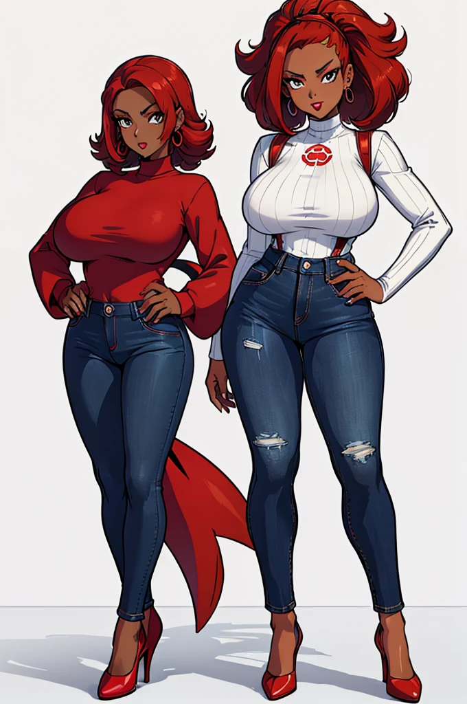 (masterpiece, best quality, high resolution, (pokemon style) ((huge breasts)) 1 mature woman, red lips, very tousled red hair, long-sleeved turtleneck, jeans, heels, choker, earrings, (dark skin), ((white background,)) , ((full body standing)),
