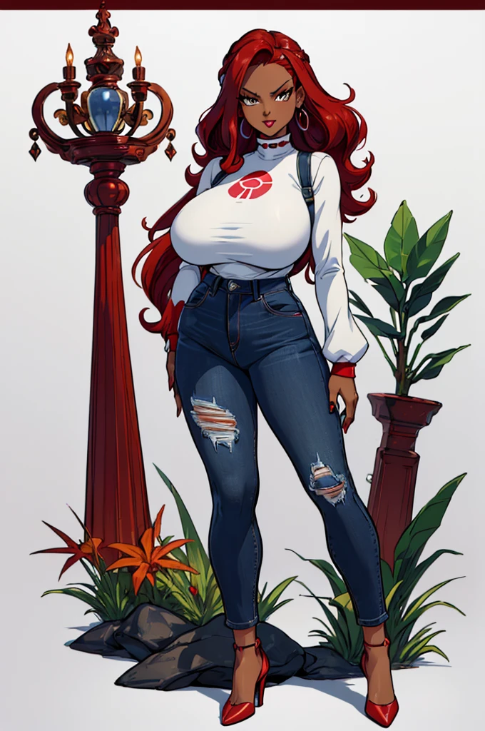 (masterpiece, best quality, high resolution, (pokemon style) ((huge breasts)) 1 mature woman, red lips, very tousled red hair, long-sleeved turtleneck, jeans, heels, choker, earrings, (dark skin), ((white background,)) , ((full body standing)),
