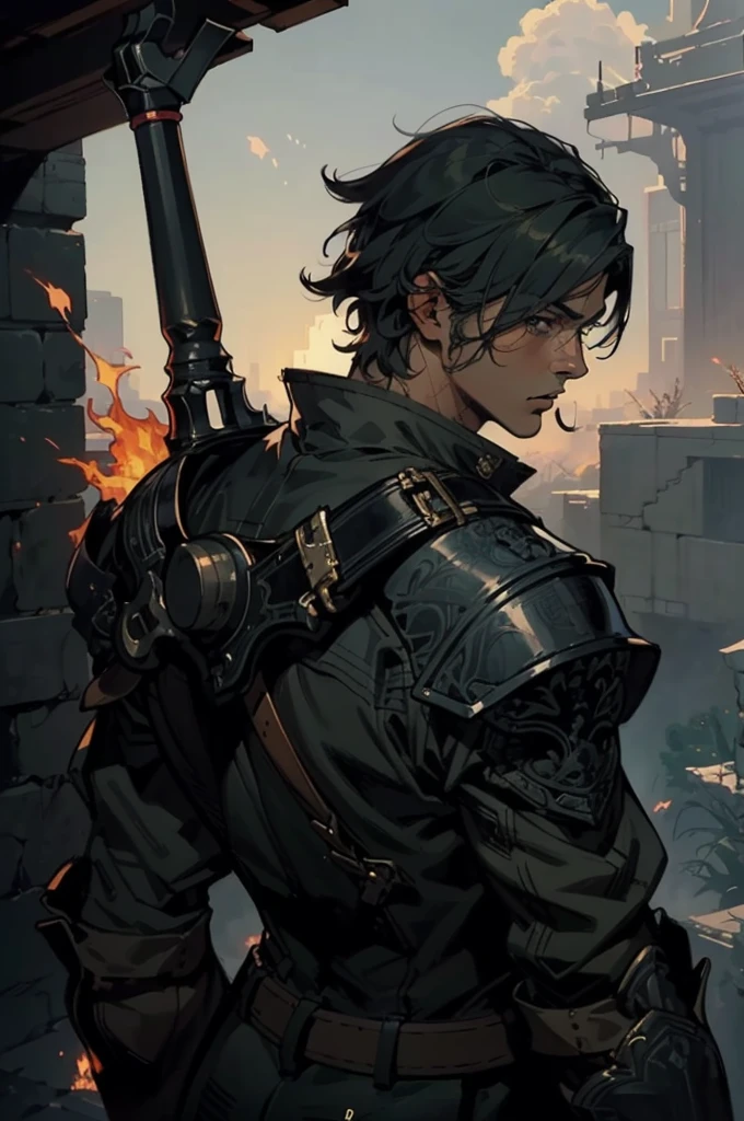 (absurdities, High Resolutions, ultra detailed, HDR), Masterpiece, The best quality, final fantasy xvi, clive rosfield, 1man only, handsome, short hair, black hair, vibrant blue eyes, fine eyes and detailed face, (((fire, llamas, To his back)) armor, ((Intricate weapon)). Final Fantasy, clive rosfield,, abs, badass pose, Anime boy with hands on head, Beautiful anime pose, Anime hombre handsome, anime male character, Badass Anime 8K, Detailed anime character art, HDR Anime MacManus Anime Concept, anime boy, Ikuto Yamashita, CG anime soft art, manga wallpaper 4k, inspired by Yamagata Hiro, anime wallaper