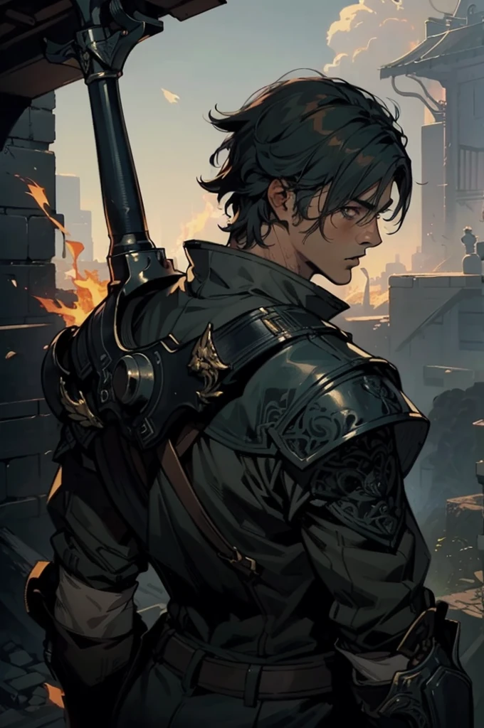 (absurdities, High Resolutions, ultra detailed, HDR), Masterpiece, The best quality, final fantasy xvi, clive rosfield, 1man only, handsome, short hair, black hair, vibrant blue eyes, fine eyes and detailed face, (((fire, llamas, To his back)) armor, ((Intricate weapon)). Final Fantasy, clive rosfield,, abs, badass pose, Anime boy with hands on head, Beautiful anime pose, Anime hombre handsome, anime male character, Badass Anime 8K, Detailed anime character art, HDR Anime MacManus Anime Concept, anime boy, Ikuto Yamashita, CG anime soft art, manga wallpaper 4k, inspired by Yamagata Hiro, anime wallaper