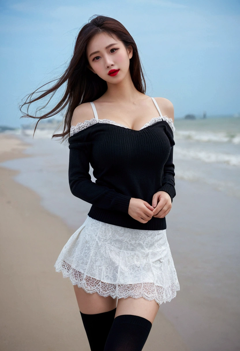 Pull on clothes Pull on skirt Pull on dress Pull on shirt Pull on sweater Blow on Lift up ((Large Breasts)), ((D Cup)), Visible cracks,Highly detaileded face and skin texture,((Exposing shoulders)), double eyelid,Skin whitening,Long Hair,Whiten and lengthen legs,Standing on the beach, Stylish girl, Red lips, pretty girl, beautifulメイク, detailed, Real, Very detaileded, wonderful, beautiful, Young and energetic, high quality,High resolution, Rich and colorful, Are you okay, Smooth Skin, The skirt is very short, Official Art, Extremely detaileded, atmosphere, Soft colors, Natural skin texture, random scene, Random shooting angle, Black knee socks, Lace hem