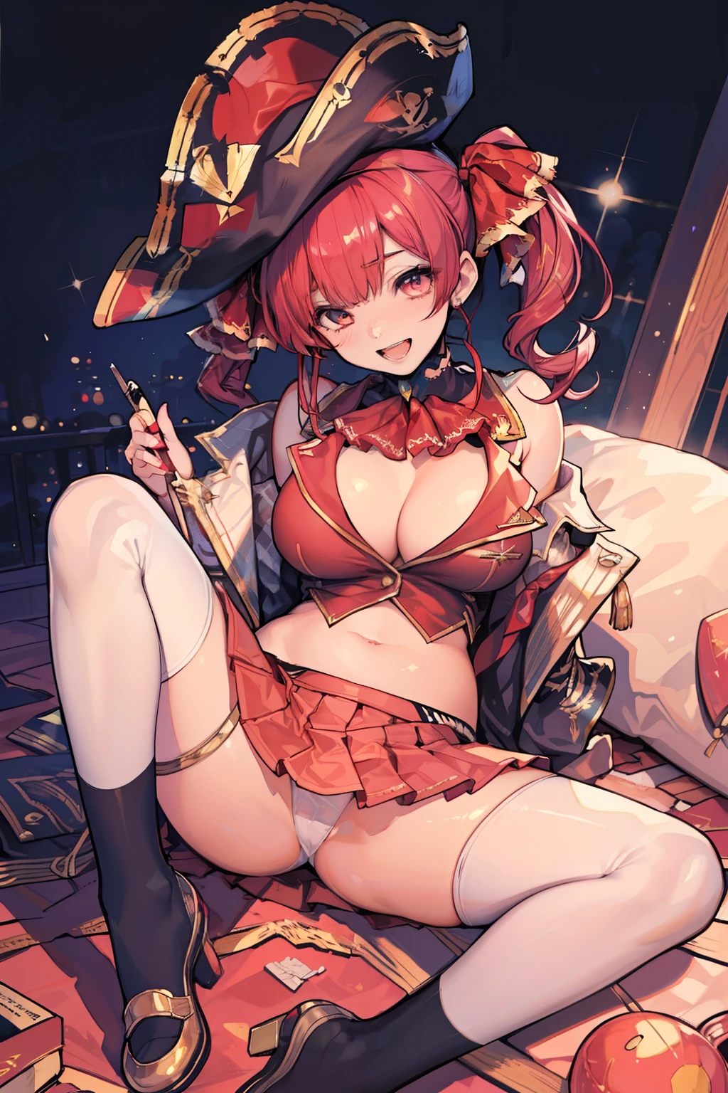 ((Highest quality)), ((masterpiece)), (detailed)One Girl, alone, ((Houshou Marine)), Long twin tails, (Red hair ribbon), Large Breasts, smile, Thighs, pirate hat, Red mini skirt, Belly button、Cleavage、Black knee-highs、Spread your legs,The underwear is black