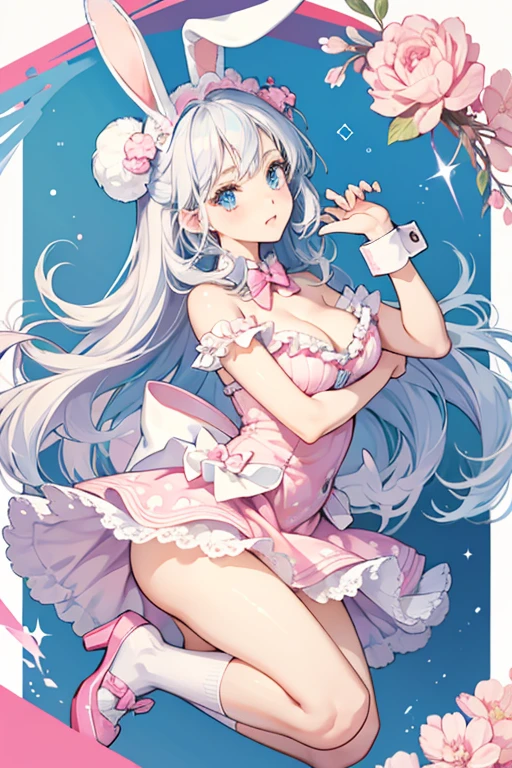 Aubrey has fair skin and big blue eyes with thick lashes. Her platinum, partial curled hair reaches her waist with a thick section hanging past her right shoulder. She wears a fluffy pale pink bunny hat.
Her undergarments consist of a pink bikini top and panties with a dark pink print of X's, O's, hearts, and bunny heads. At the middle of her chest is a white ribbon. Casually, she wears a yellow top with a print of white bunny heads making various expressions, paired with a pale pink check print pleat miniskirt, white frilly socks, and pink heels with a white platform sole. On the front is a pair of bunny ears with a bow, and on the back is a pom-pom to represent a bunny tail. SPARKLE; GLITTER