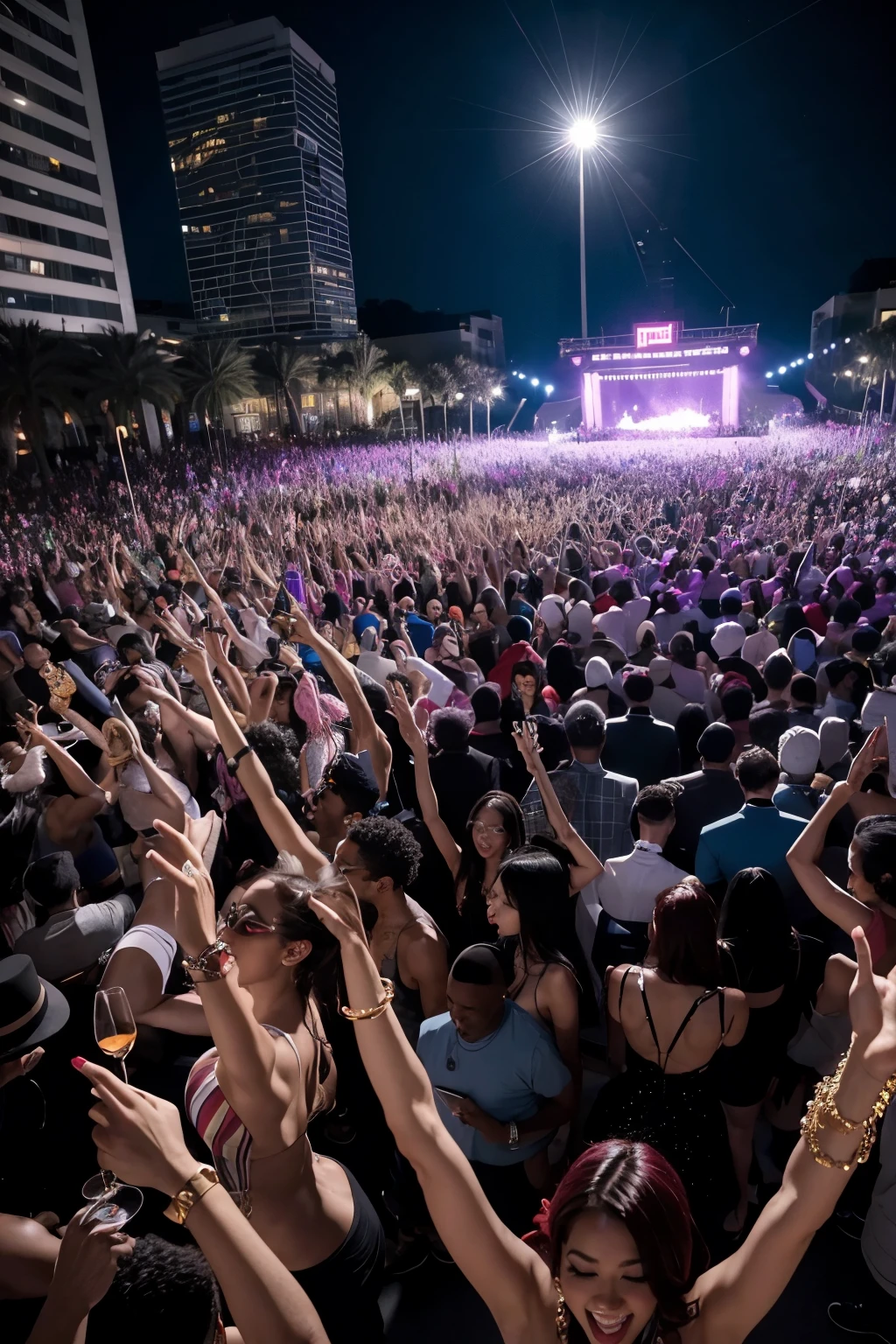 a funk party with wall-to-wall sound, a crowd enjoying the party,  Beautuful Women, and the party takes place at night
