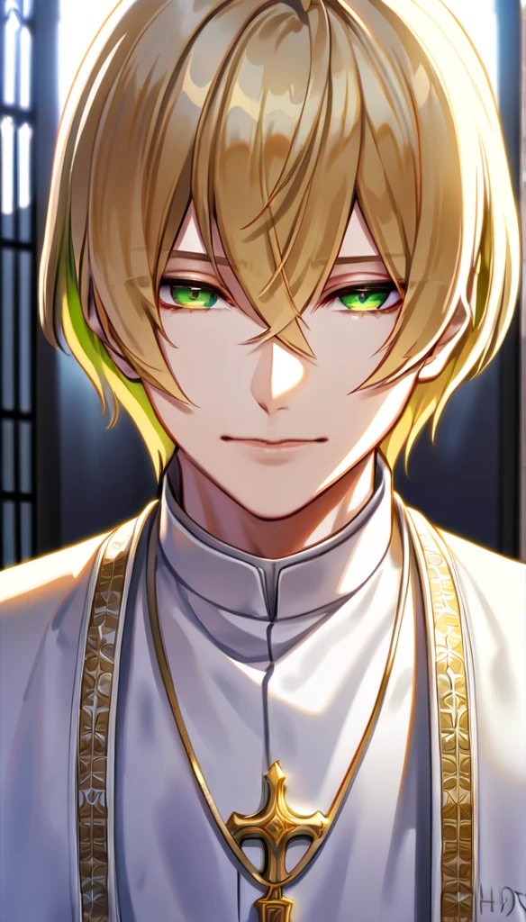 (absurd, highres, ultra detailed, HDR), masterpiece, best quality, perfect face, priest, reverend, bright green eyes, solo, male, handsome, taishakuten, ashen blonde hair, hair between eyes, white tunik,