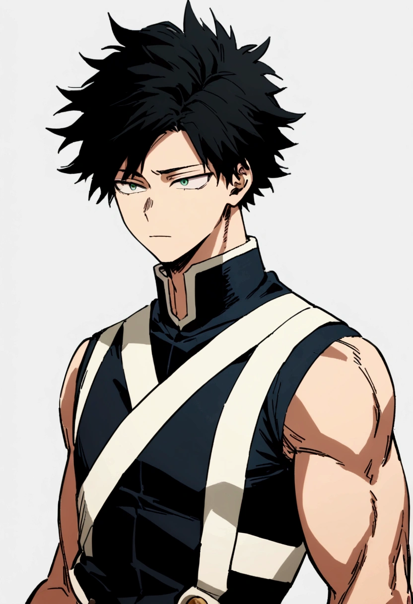  He is a 17 year old teenager, He has slightly disheveled very black hair..., somewhat light green eyes, , muscular body , sexy face, He is dressed in the anime uniform. "my hero academia", sad face 