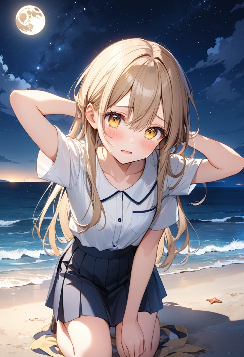 (moonlight,starlight,beautiful_sky,reflection,sea,night),beach,skirts,white_blouse,kneeling,arms_behind_head,blush,ashamed,crying,stary_star,long_bronde_hair,beautiful_hair,yellow_eyes,beautiful_eyes,1_beautiful_girl,cute_face,beautiful_face,beautiful,best_quality,good_anatomy