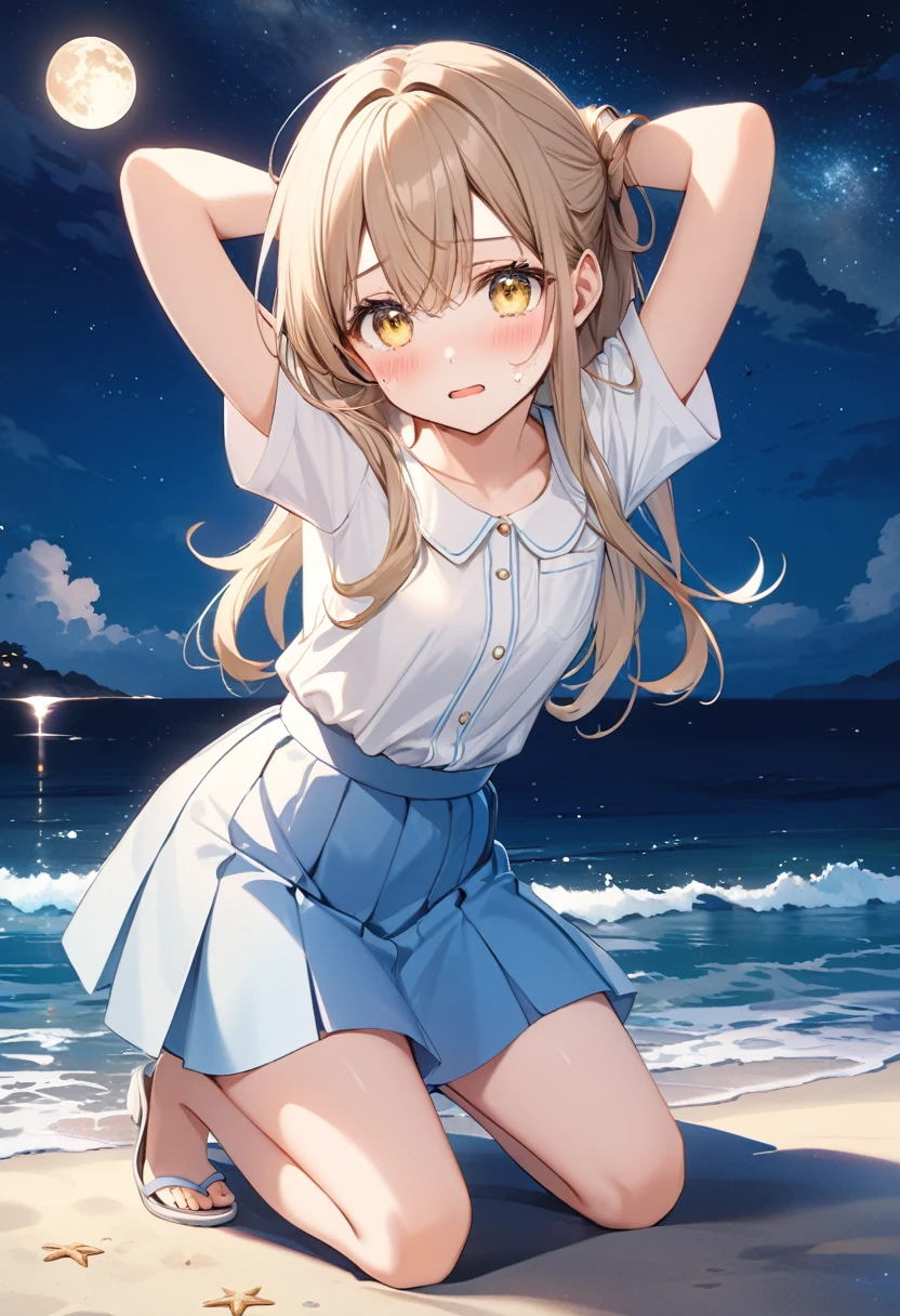 (moonlight,starlight,beautiful_sky,reflection,sea,night),beach,skirts,white_blouse,kneeling,arms_behind_head,blush,ashamed,crying,stary_star,long_bronde_hair,beautiful_hair,yellow_eyes,beautiful_eyes,1_beautiful_girl,cute_face,beautiful_face,beautiful,best_quality,good_???????