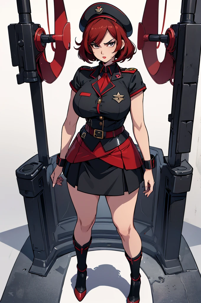 (masterpiece, best quality, high resolution, (pokemon style) ((huge breasts)) mature woman, red lips, very short red hair, military hairstyle, black military uniform, lapis military mini skirt black, black panties, black heels, military hat, serious expression,((white background,)) , ((full body standing)),