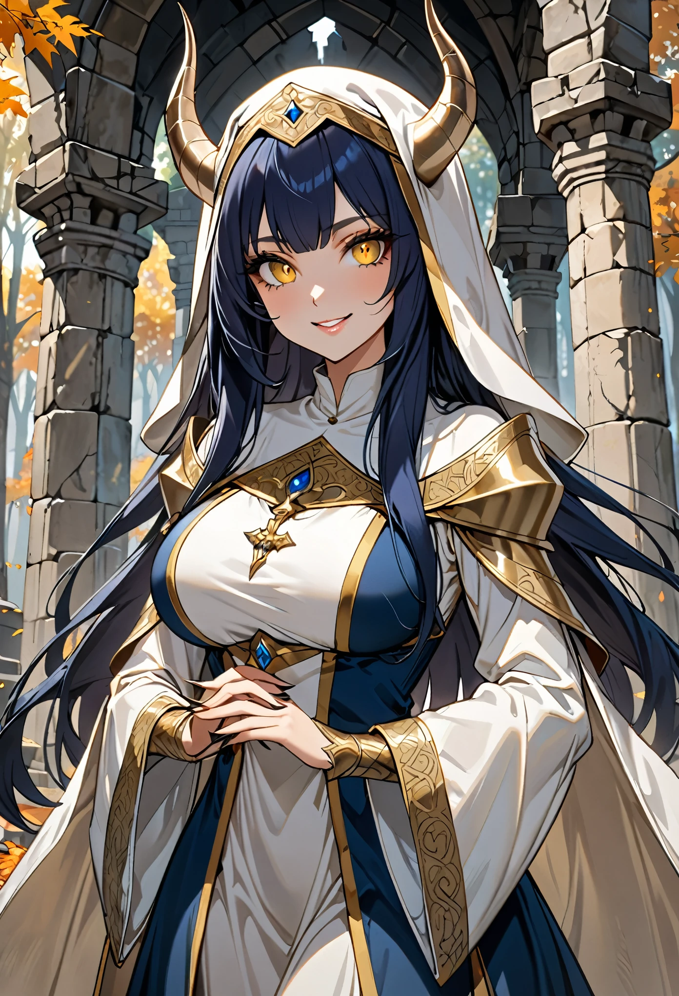Una obra maestra, Muy detallado, ultra detallado, solo:1.6, female, long dark blue hair, straight hair, golden eyes with slit pupils, white scales on arms, large breasts, tall, elegant dress, priestess, gentle smile, stone temple outdoors, clawed hands, tail, draconic horns, fall forest, close up, wide smile, parted lips, long thick lashes, half lidded eyes, saintess, medieval habit, glorious conservative clothes, threatening aura