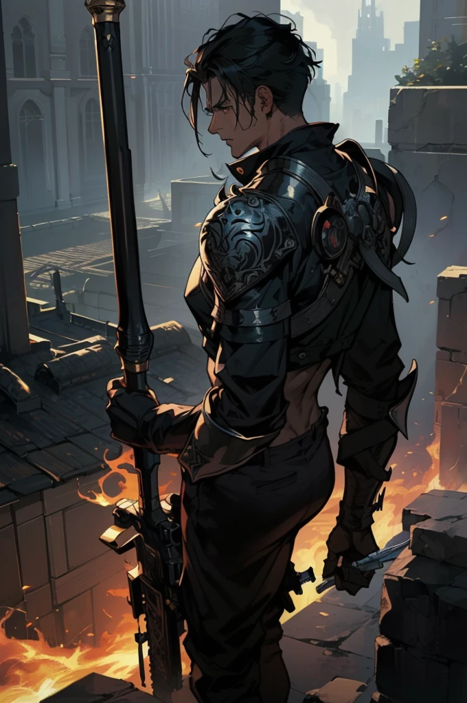 (absurdities, High Resolutions, ultra detailed, HDR), Masterpiece, The best quality, final fantasy xvi, clive rosfield, 1man only, handsome, short hair, black hair, vibrant blue eyes, fine eyes and detailed face, (((fire, llamas, To his back)) armor, ((Intricate weapon)). Final Fantasy, clive rosfield,, abs, badass pose, Anime boy with hands on head, Beautiful anime pose, Anime hombre handsome, anime male character, Badass Anime 8K, Detailed anime character art, HDR Anime MacManus Anime Concept, anime boy, Ikuto Yamashita, CG anime soft art, manga wallpaper 4k, inspired by Yamagata Hiro, anime wallaper