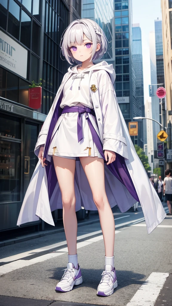 Girl with white short hair and double braids,Purple Eyes,hood,White robe,small shorts,Thin legs,White shoes,Standing,City