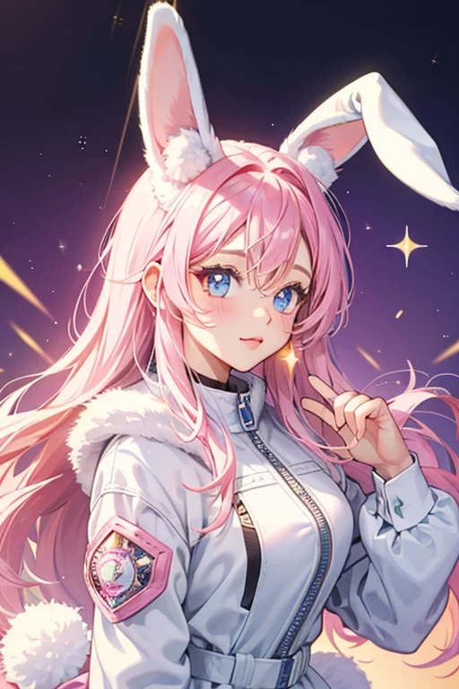 Pom is a furry pink bunny inside of the ears are white. The eye color of her pom is a light shade of blue. The golden clip and zipper have bunny ears. SPARKLE; GLITTER