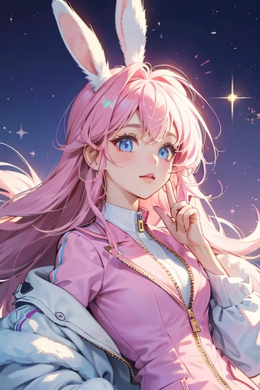 Pom is a furry pink bunny inside of the ears are white. The eye color of her pom is a light shade of blue. The golden clip and zipper have bunny ears. SPARKLE; GLITTER