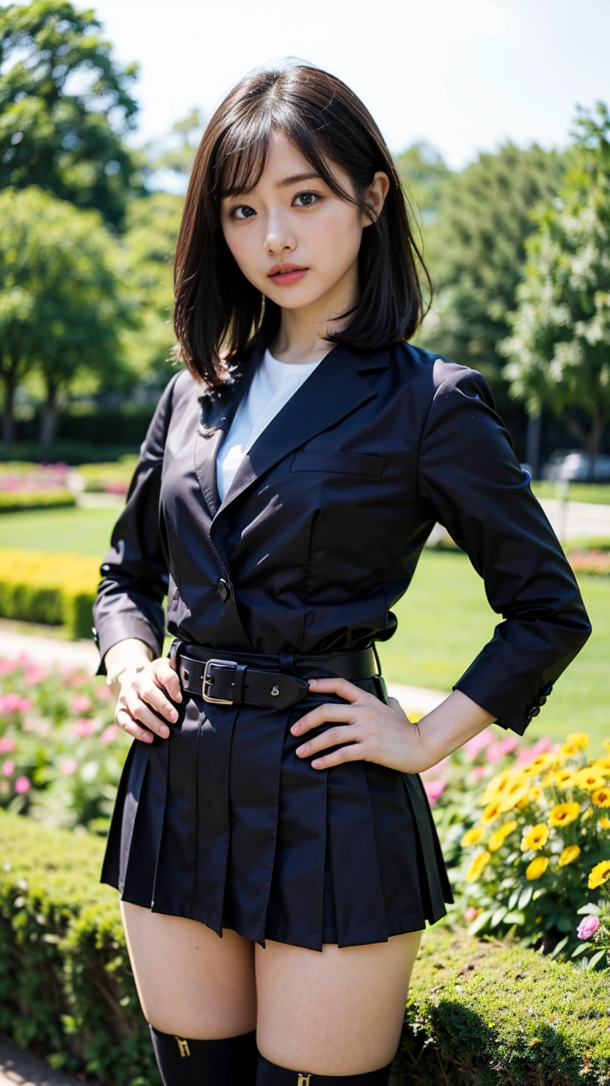(8k、RAW Photos、Highest quality、masterpiece:1.2)、(Realistic、Realistic)、1 Girl、((Black tight dress、boots、garden、View from the front、Looking at the camera、belt、Hands on your hips))、cute