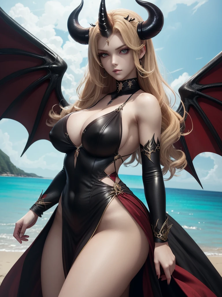 There is a beach there stand female , she have beatiful face and different eyes colour right red left is blue, with sexy dark make up, her right half of her hair is crimson red and left half is blond, she have demonic horn on right side of her head, also she have wings on her back, right wing is demonic and left angelic wing, she dressed in dres which is black sexy right side and white half on left part of a dress, (ultra high quality fantasy art, dark fantasy style, masterpiece, ultra high quality character design, 8k quality anime art, realistic anime art, top quality wallpaper illustration, detailed ultra high quality accurate face, high quality design and accurate physic)