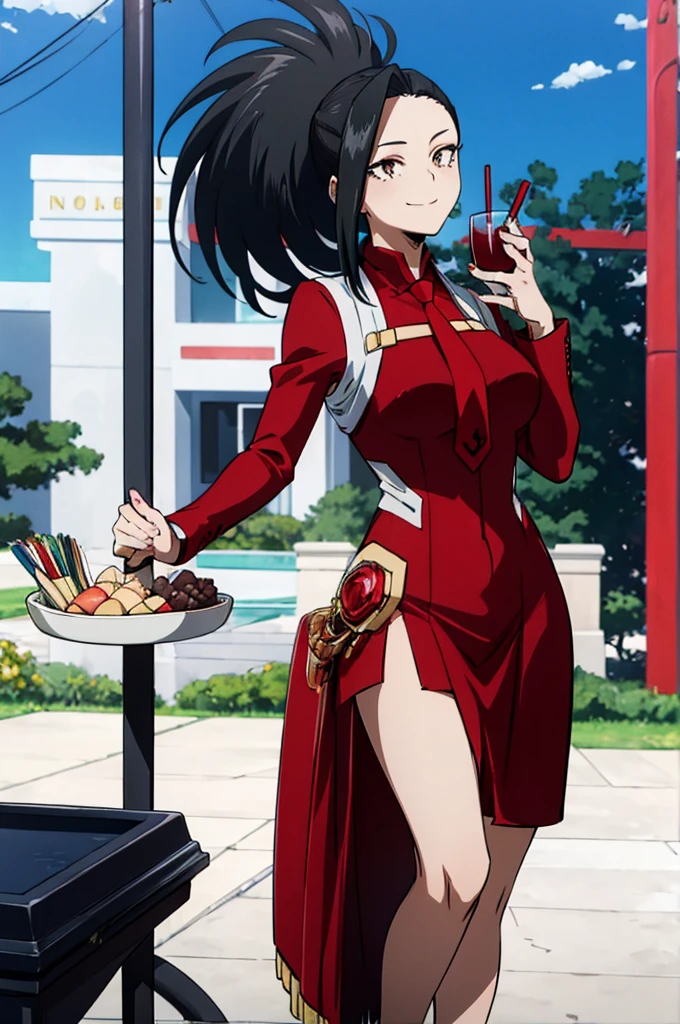 (((masterpiece))), YaoyoruzuMomo, 1girl, solo, onyx eyes, smile, large breasts, black hair, collarbone, ponytail, long sleeves, red skirt suit, red blazer, red necktie, red pencil skirt, (businesswoman), hair pulled back, high heels