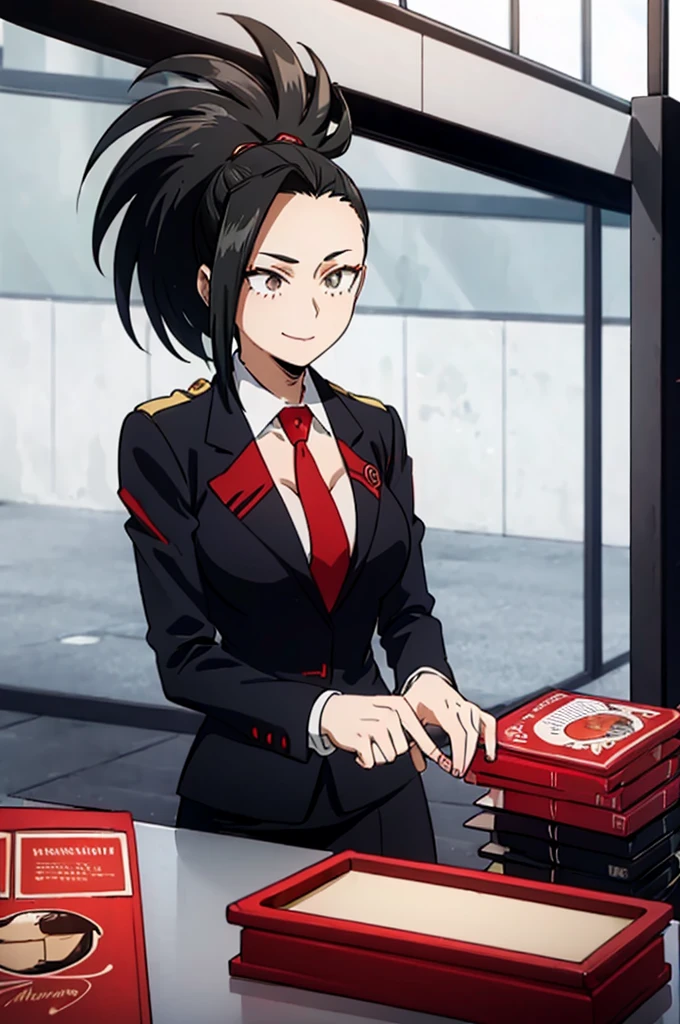 (((masterpiece))), YaoyoruzuMomo, 1girl, solo, onyx eyes, smile, large breasts, black hair, collarbone, ponytail, long sleeves, red skirt suit, red blazer, red necktie, red pencil skirt, (businesswoman), hair pulled back, high heels