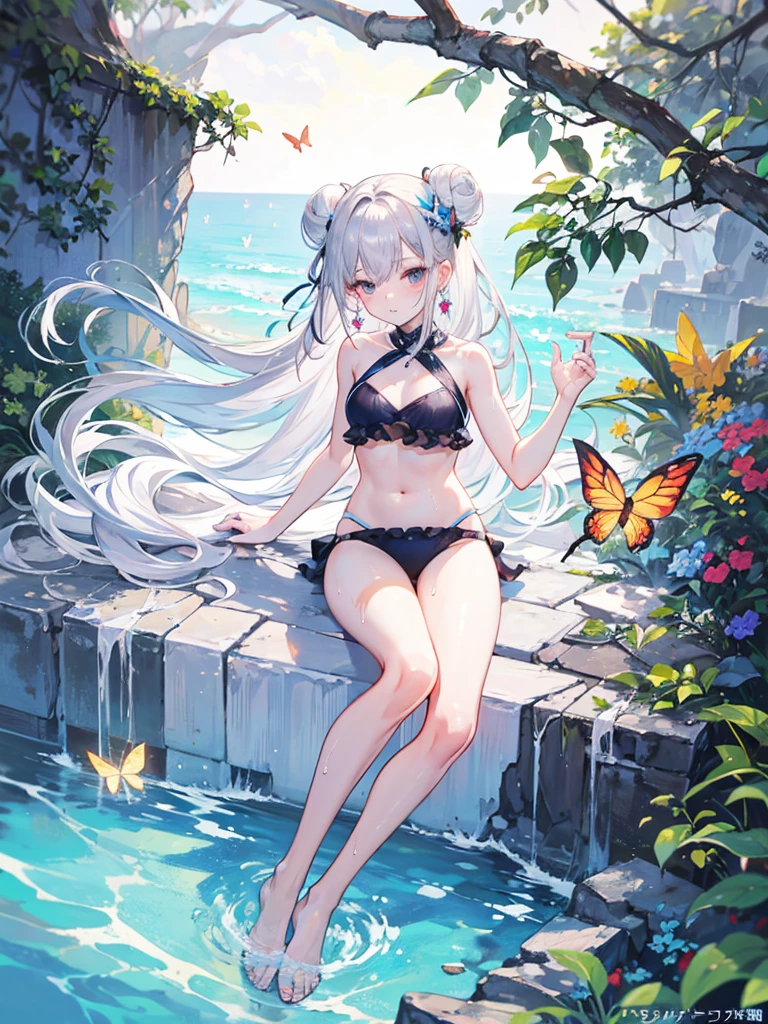 High resolution, masterpiece, accurate, Highest quality, Winner of numerous awards, High-resolution model, 
Silver Hair, Wet Hair, Super long hair, Top bun ponytail, 
slender、
Seaside, 
Butterfly Hair Ornament, Crystal Earrings, 
Swimwear, Simple bikini,
Character portrait, whole body