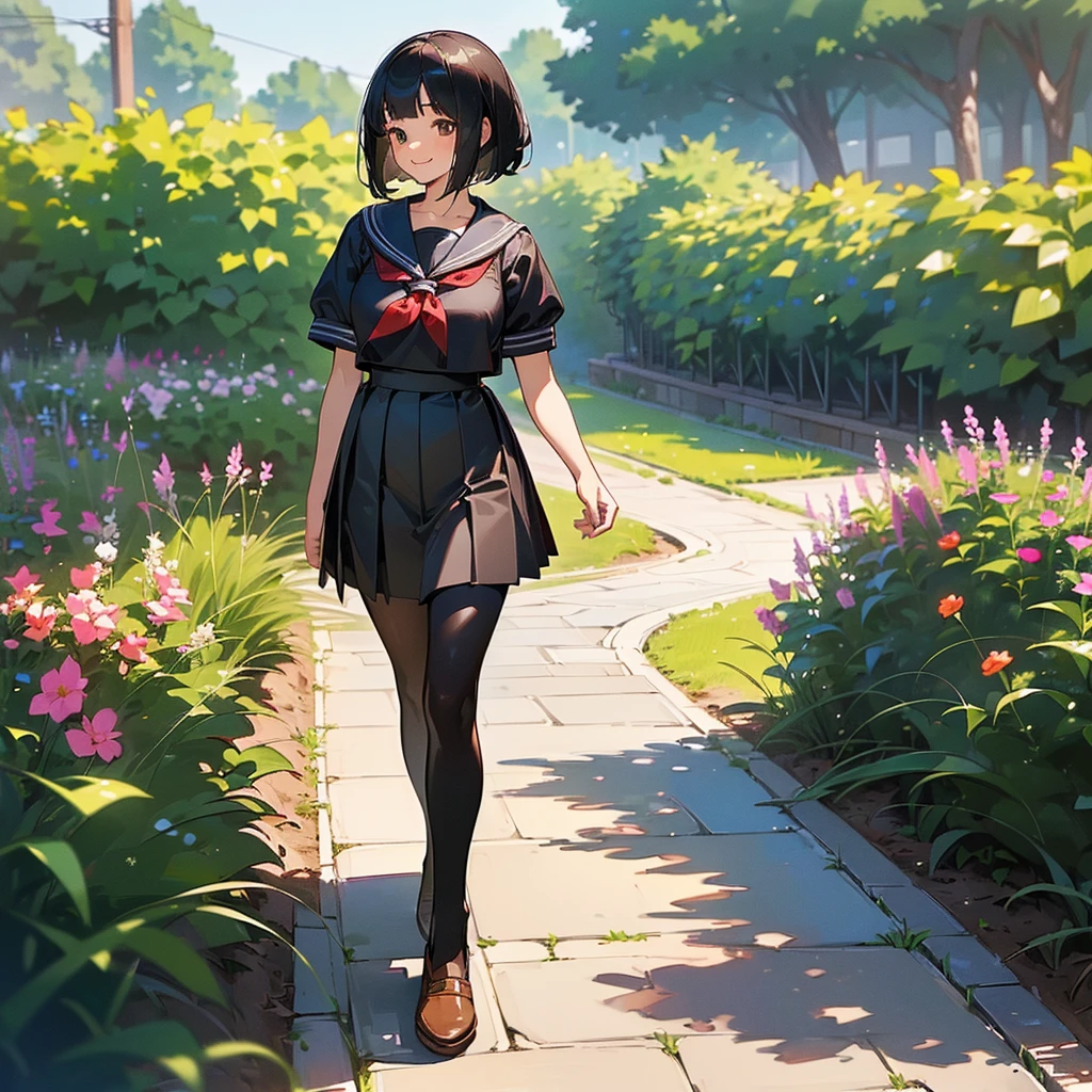 (Highest quality, High resolution, Super detailed, Realistic:1.37), Peaceful atmosphere, (Outdoor, garden), Teenage girl standing alone,(my breasts are big.),Beautifully detailed features, Cute Smile, ((Black bob hair)),Short-sleeved sailor uniform, Pleated skirt,Black tights,Brown leather shoes.