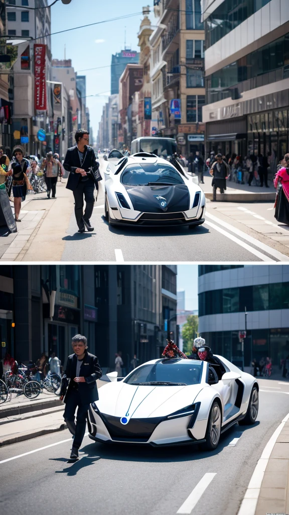 create a beautiful model riding a futuristic car in the year 2050 and a city of the future where several people walk on the street wearing costumes from where 2050