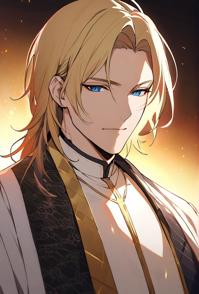 (Absurd, High resolution, Super detailed), 1 man, Adult,Create a very detailed anime-style illustration of a beautiful male priest. He is a priest, has flowing blond hair and sharp blue eyes. Intricate with gold tattoos that cover her upper body. It radiates a mysterious and seductive aura. The background should be simple and light, emphasizing the features of the character and emphasizing its ethereal and powerful presence. Use soft lighting to highlight the fine details and smooth textures of your hair and skin