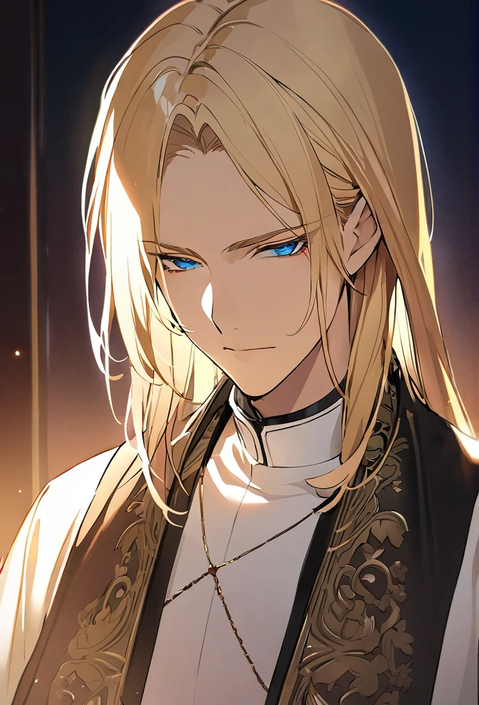 (Absurd, High resolution, Super detailed), 1 man, Adult,Create a very detailed anime-style illustration of a beautiful male priest. He is a priest, has flowing blond hair and sharp blue eyes. Intricate with gold tattoos that cover her upper body. It radiates a mysterious and seductive aura. The background should be simple and light, emphasizing the features of the character and emphasizing its ethereal and powerful presence. Use soft lighting to highlight the fine details and smooth textures of your hair and skin