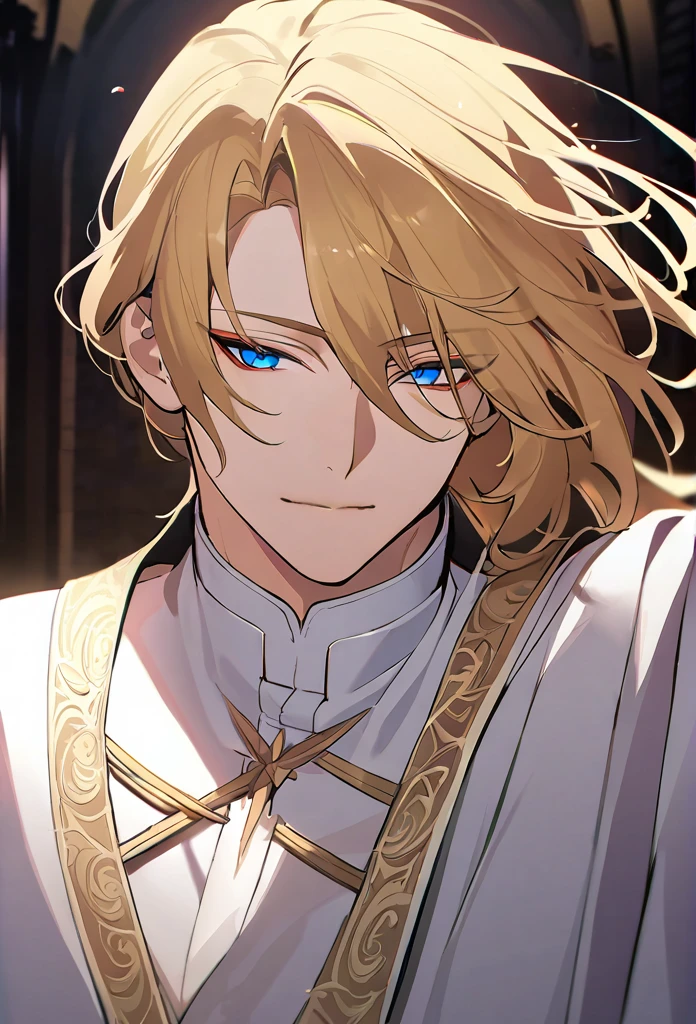 (Absurd, High resolution, Super detailed), 1 man, Adult,Create a very detailed anime-style illustration of a beautiful male priest. He is a priest, has flowing blond hair and sharp blue eyes. Intricate with gold tattoos that cover her upper body. It radiates a mysterious and seductive aura. The background should be simple and light, emphasizing the features of the character and emphasizing its ethereal and powerful presence. Use soft lighting to highlight the fine details and smooth textures of your hair and skin